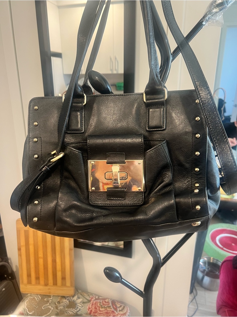 Black Leather Studded Satchel with Gold Turn-Lock